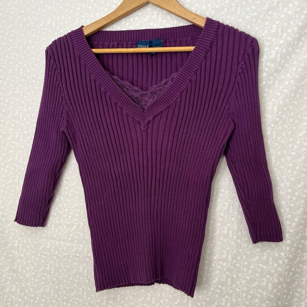 Purple 3/4 sleeve sweater from the brand Falls Creek with stitched in lace trim